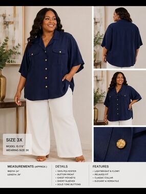 Fashion Attitudes Women’s Navy Button Front Blouse 22W Gold Button Career Top